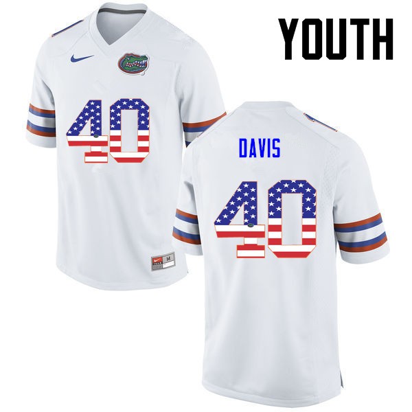 Florida Gators Youth #40 Jarrad Davis College Football USA Flag Fashion White
